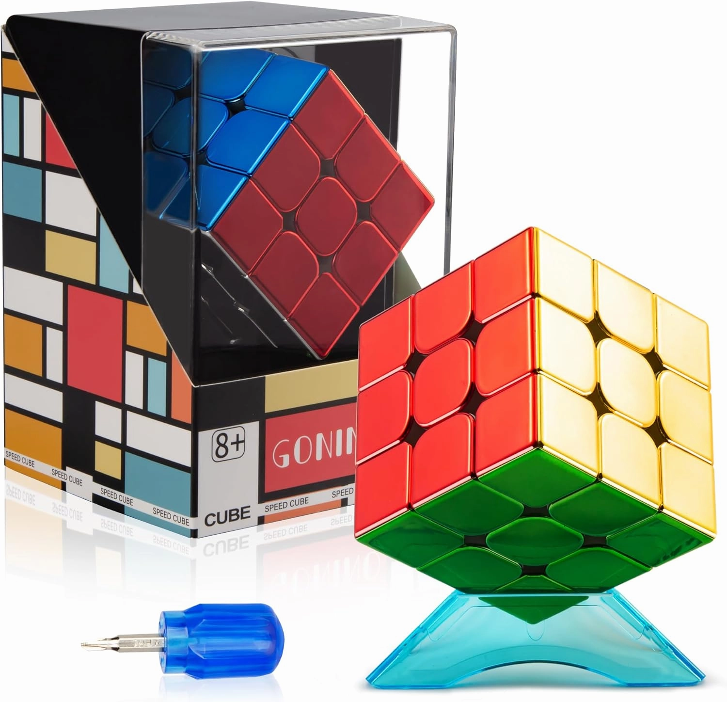 Speed Cube 3x3, Magnetic Mirror Cube 2025, Stickerless Magic Cube Set with Display Stand & Showcase Box, Metallic Color Reflective Speedcube, Puzzle Toy Birthday Gifts for Kids Adults Boys Girls