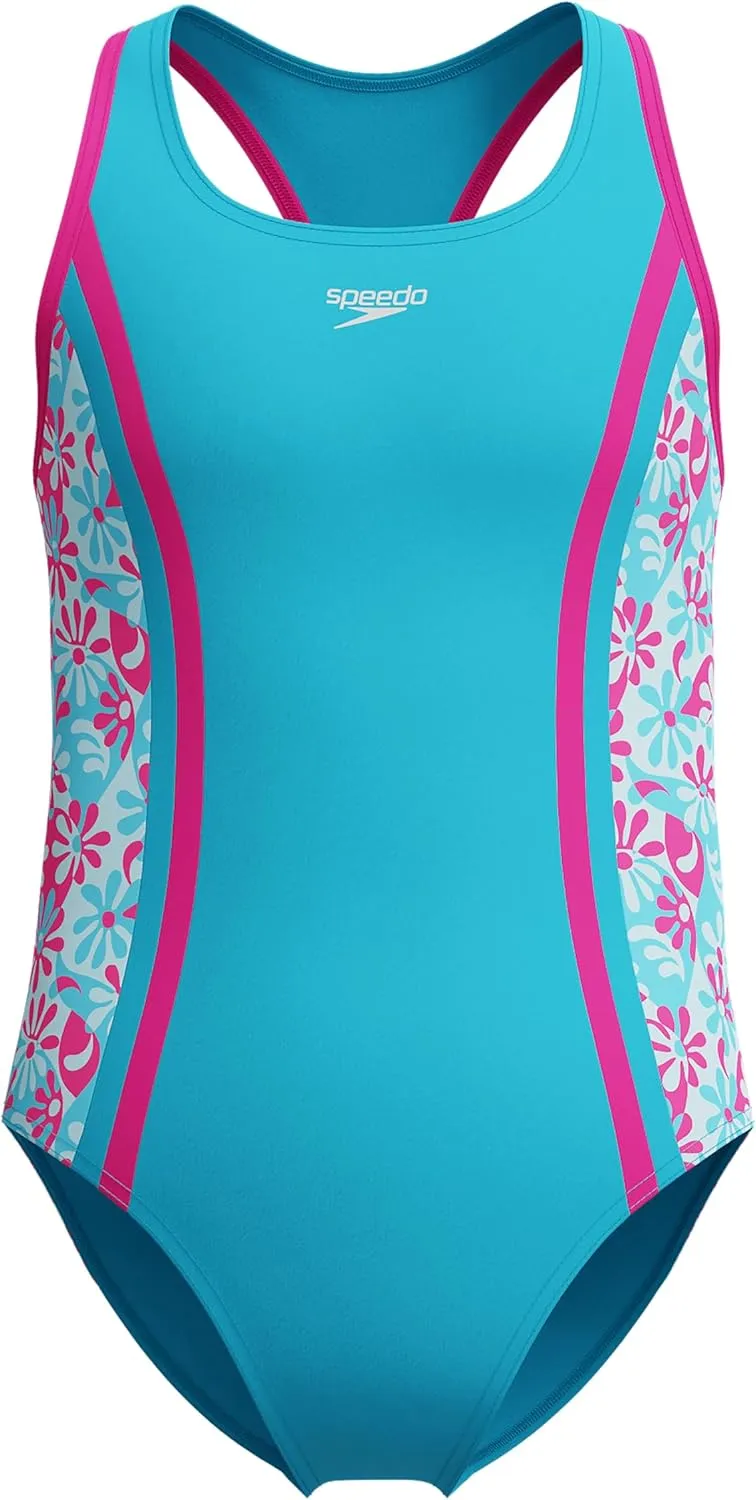 Speedo Girls' Swimsuit One Piece Thick Strap Racer Back Printed