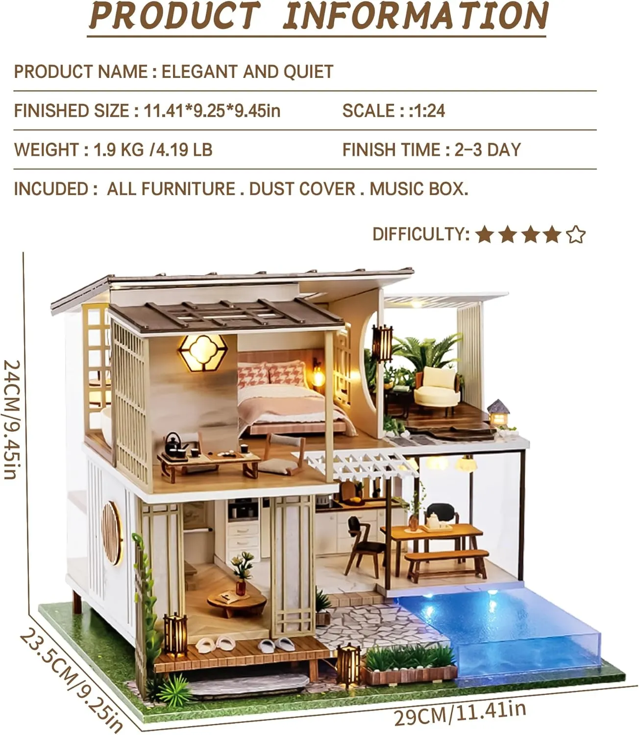 Spilay Dollhouse Miniature with Furniture,DIY Wooden Crafts Doll House Mini Handmade Kit,1:24 Scale Creative Room Idea Gift for Adult Friend Lover (Elegant and Quiet with dust Cover Music Box)