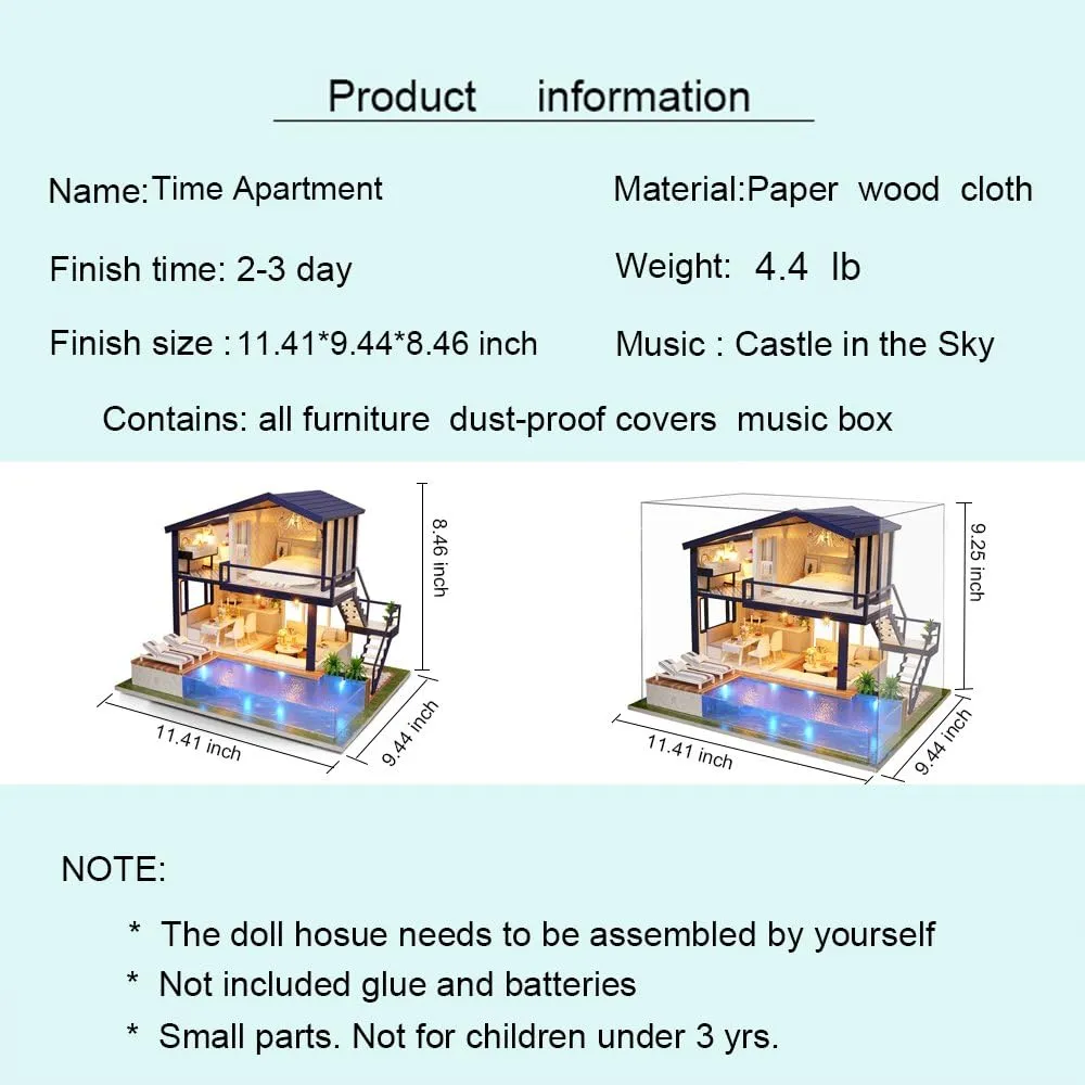 Spilay Dollhouse Miniature with Furniture,DIY Wooden Crafts Doll House Mini Handmade Kit,1:24 Scale Creative Room Idea Gift for Adult Friend Lover (Time Apartment with dust Cover Music Box)