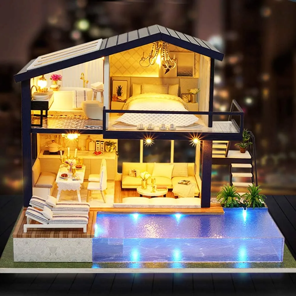 Spilay Dollhouse Miniature with Furniture,DIY Wooden Crafts Doll House Mini Handmade Kit,1:24 Scale Creative Room Idea Gift for Adult Friend Lover (Time Apartment with dust Cover Music Box)