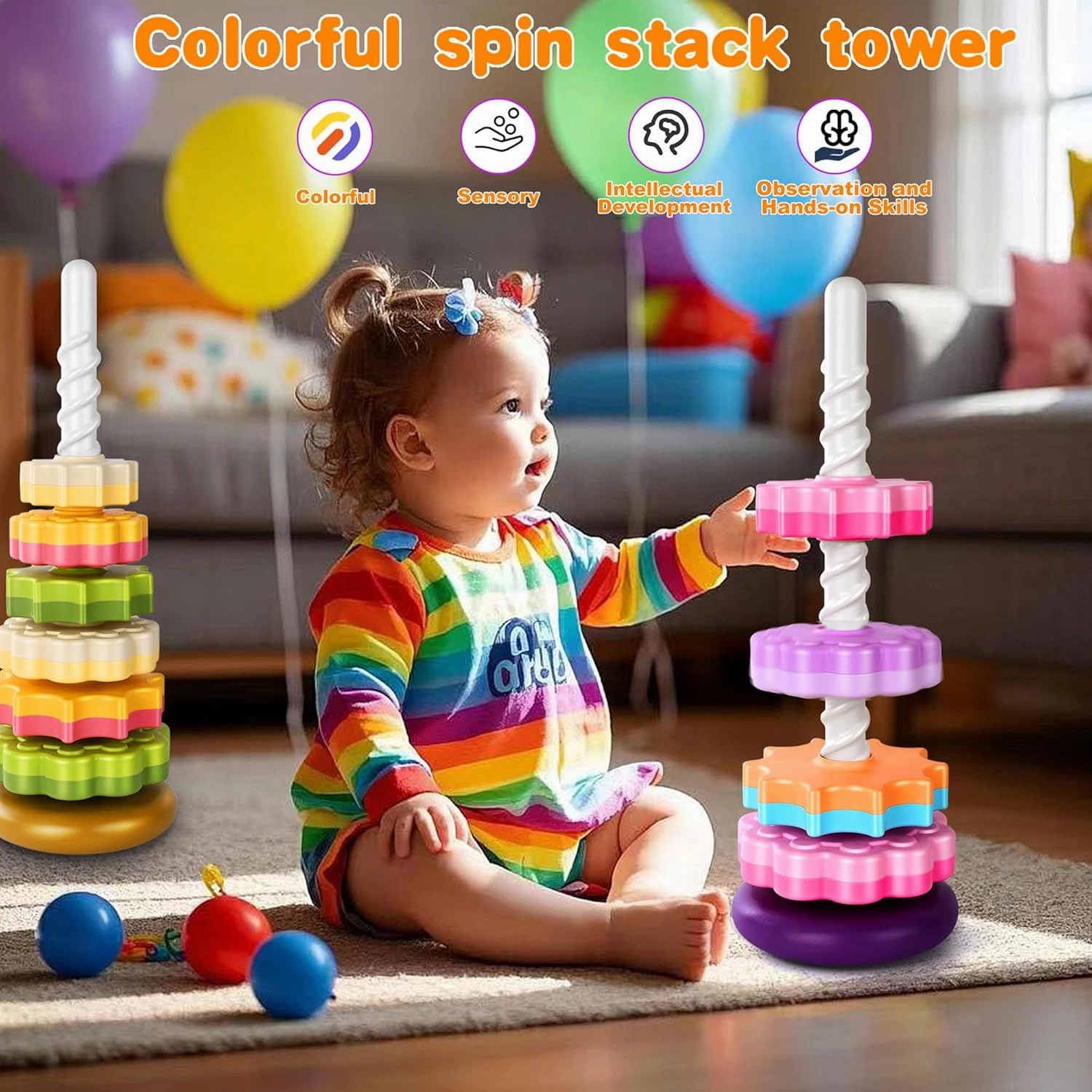 Spinning Stacker Toy,Stacking Toys for Toddlers 1-3,Montessori Sensory&Autism Toys, Fine Motor Skills Ring Stacker,Sit and Spin Toy for Babies 6-12 Months,16-Inch(Large Size)