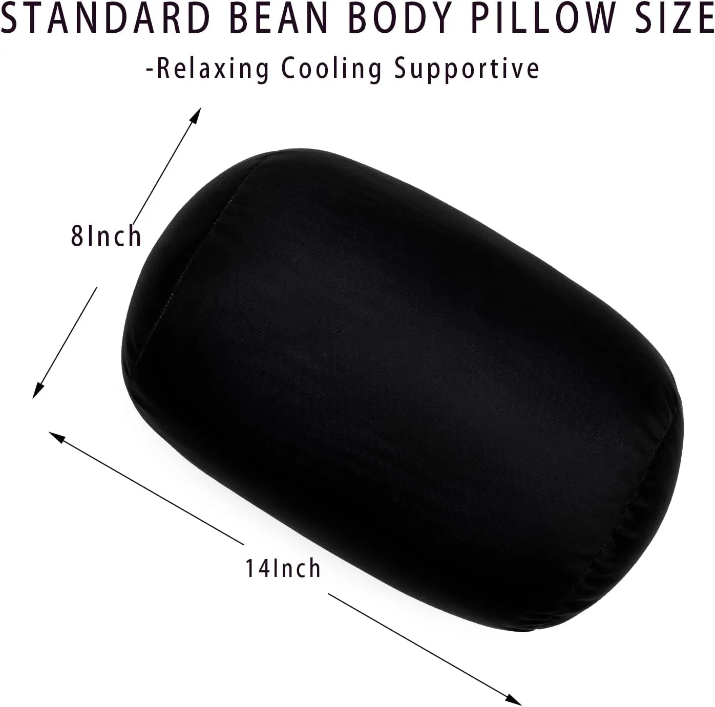 Squish Bean Bed Microbead Pillow Bolster Tube Body Pillow Smooth Cool Touch Fabric Neck & Back Support Throw Travel Pillow Fun Colors (Black)