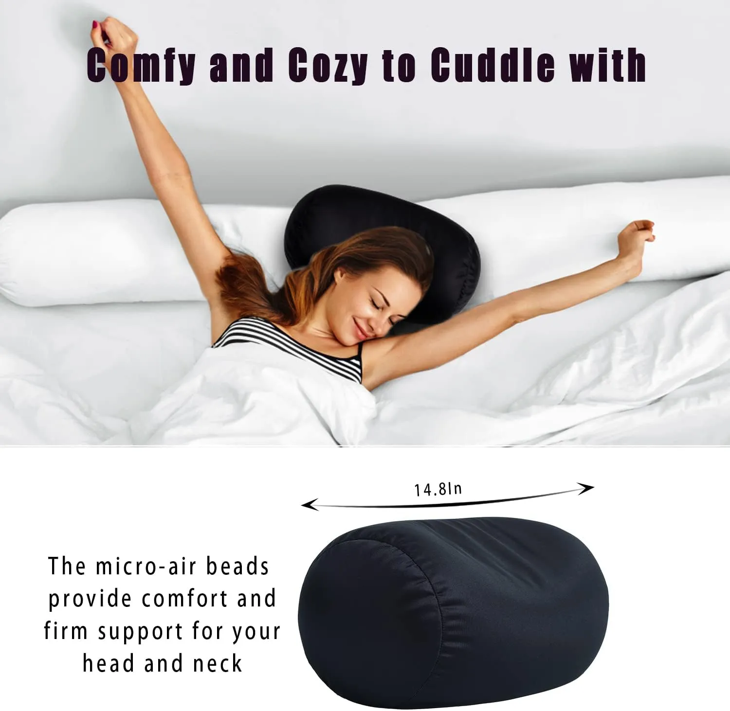 Squish Bean Bed Microbead Pillow Bolster Tube Body Pillow Smooth Cool Touch Fabric Neck & Back Support Throw Travel Pillow Fun Colors (Black)