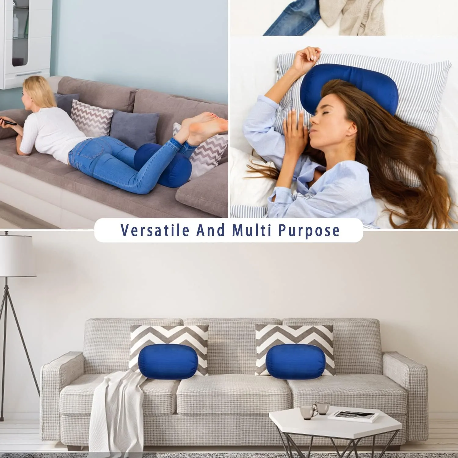 Squish Bean Bed Microbead Pillow Bolster Tube Body Pillow Smooth Cool Touch Fabric Neck & Back Support Throw Travel Pillow Fun Colors (Navy Blue)