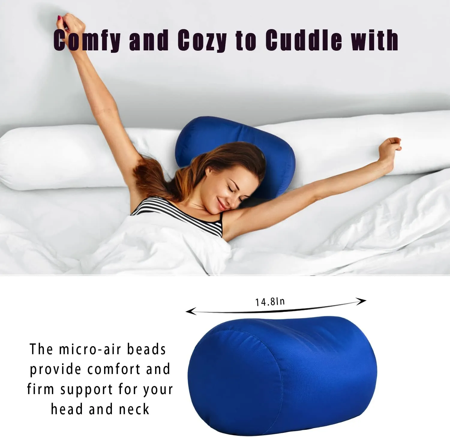 Squish Bean Bed Microbead Pillow Bolster Tube Body Pillow Smooth Cool Touch Fabric Neck & Back Support Throw Travel Pillow Fun Colors (Navy Blue)