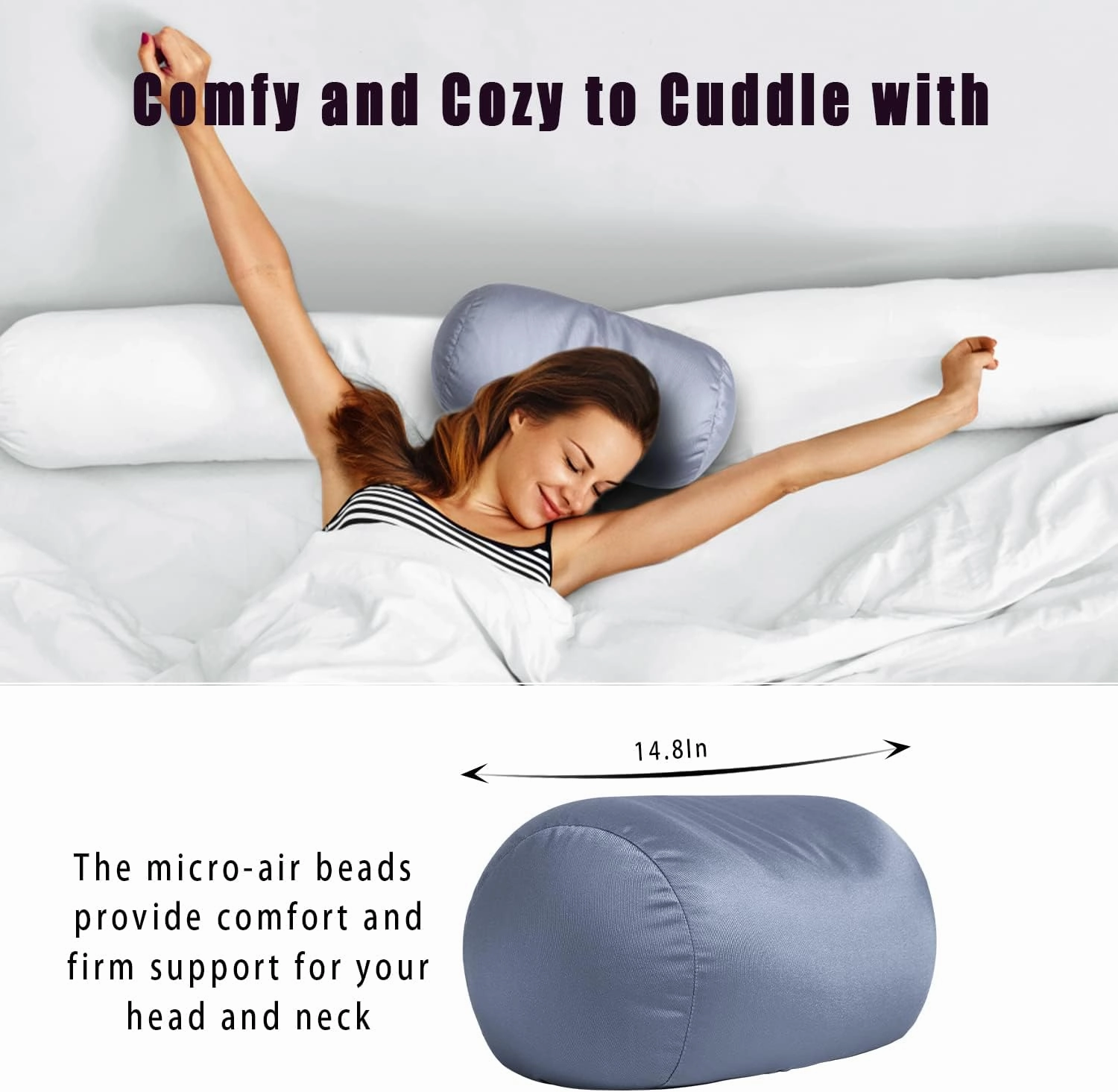 Squish Bean Bed Microbead Pillow Bolster Tube Body Pillow Smooth Cool Touch Fabric Neck & Back Support Throw Travel Pillow Fun Colors (Dark Gray)