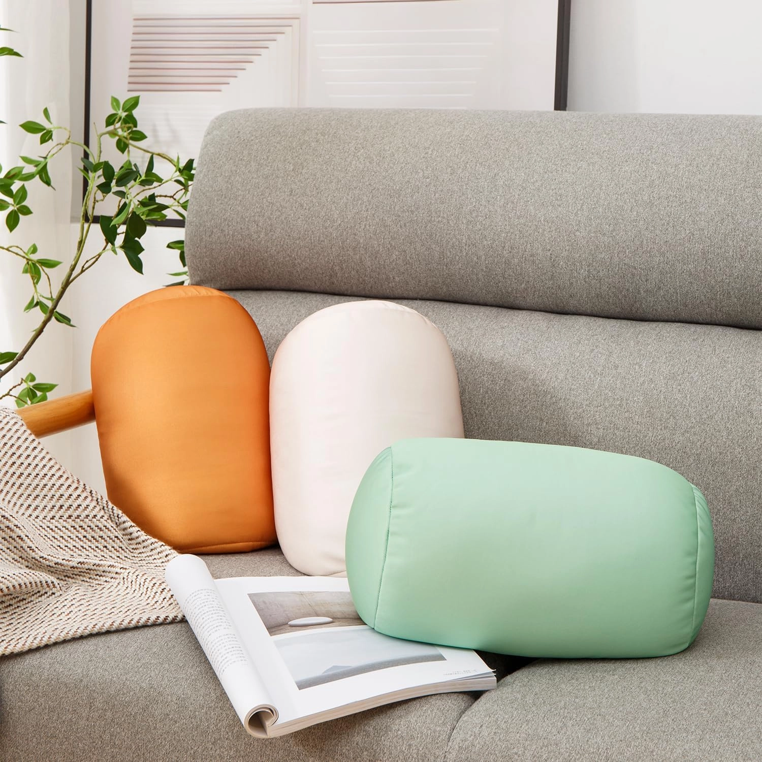 Squish Bean Bed Microbead Pillow Bolster Tube Body Pillow Smooth Cool Touch Fabric Neck & Back Support Throw Travel Pillow Fun Colors (Dark Gray)