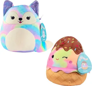 Squishmallows 8-Inch Rainbow Ice Cream & Fox 2-Squish Value Pack - Get Two Official Jazwares 8" Plush for Less - Collectible Soft & Squishy Stuffed Animal Toy - Gift for Kids, Girls & Boys