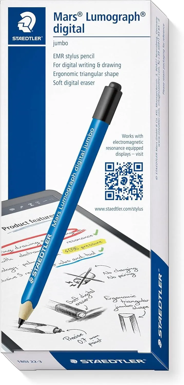 STAEDTLER Mars Lumograph Jumbo Digital Stylus Pen with Eraser: No Charging, EMR Palm Rejection, 4096 Pressure Sensitivity Levels, Natural Writing on Touchscreen Tablet, Laptop, Phone