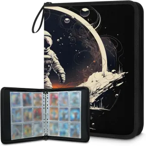 Starry Night Astronaut 3 Ring Trading Zipper Binder Strap, Trading Card Binder 4 Pocket, 400 Pockets Card Holder with 50 Removable Sleeves for Game Cards