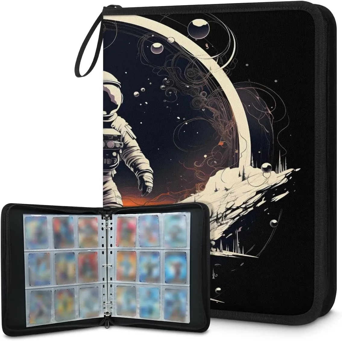 Starry Night Astronaut 3 Ring Trading Zipper Binder Strap, Trading Card Binder 4 Pocket, 400 Pockets Card Holder with 50 Removable Sleeves for Game Cards
