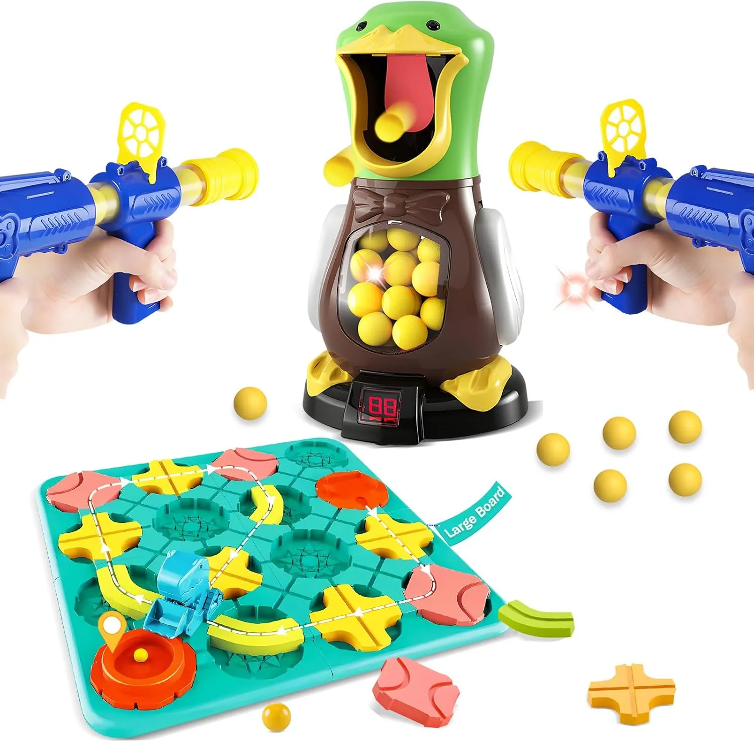 STEM Road Builder Game & Target Shooting Game Bundle - Montessori Brain Teasers and Duck Shooting Toy with Air Guns & Foam Balls for Kids