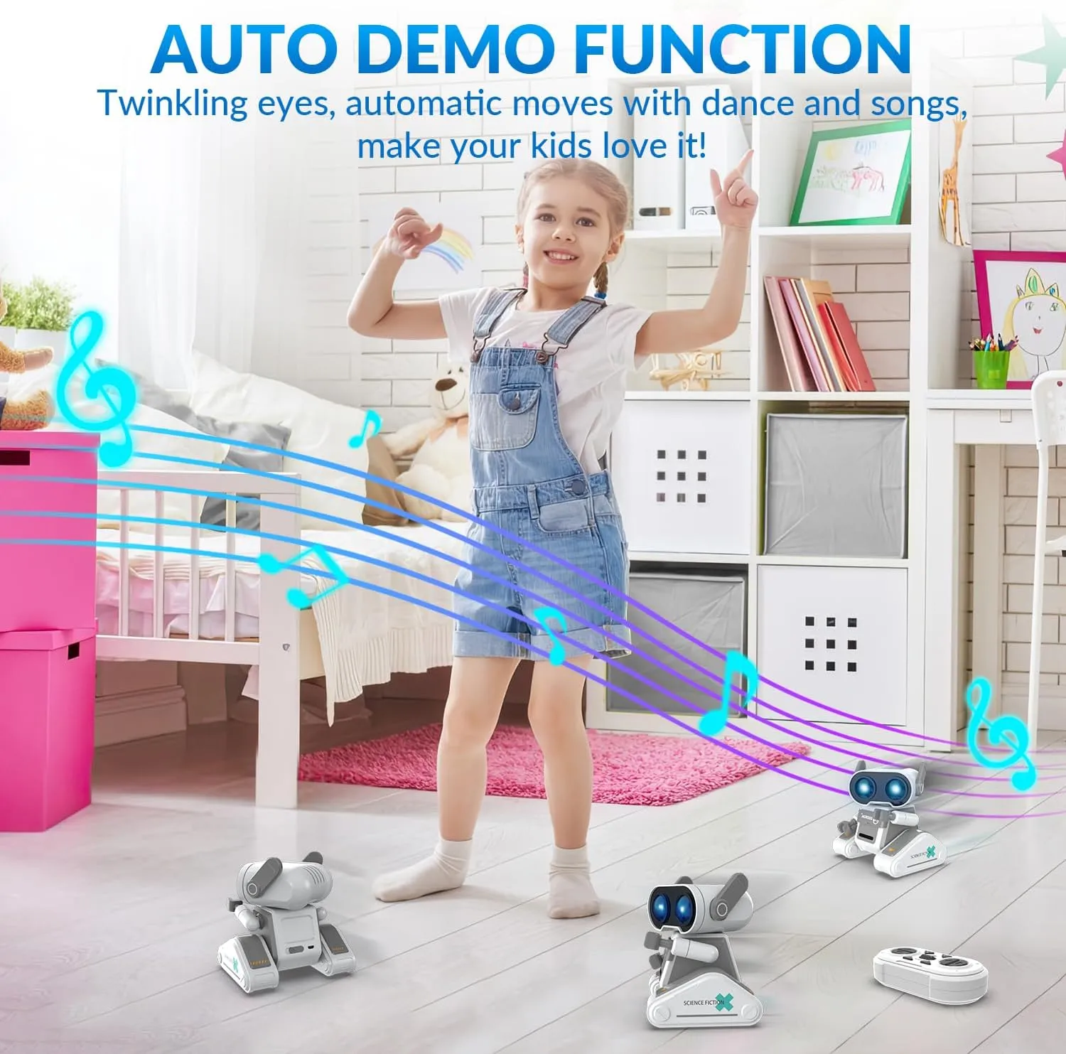 STEMTRON RC Robot Toys for Kids, Rechargeable Remote Control Robot Toy for Boys & Girls, with Auto Demo, Dance Moves, Music, Shining 7 Colors LED Eyes & Flexible Head, Ears & Arms
