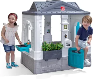 Step2 Neat & Tidy Cottage Kids Playhouse, Indoor/Outdoor Playset, Interactive Play with Sounds, Made of Durable Plastic, for Toddlers 1.5  Years Old, Grey