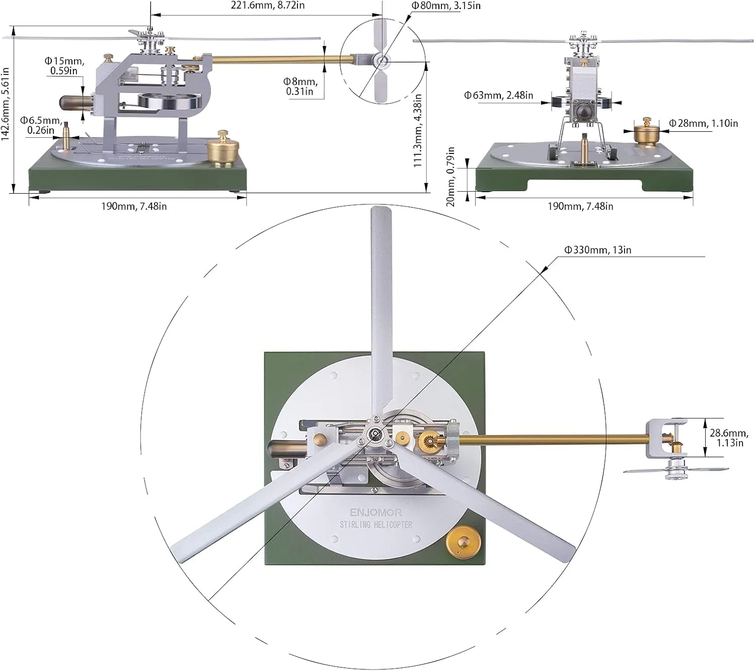 Stirling Helicopter Model Kit, Metal Hot Air Gamma Stirling Engine Model, DIY Assembly Stem Science Experiment Educational Toy, Gift for Teen and Adults