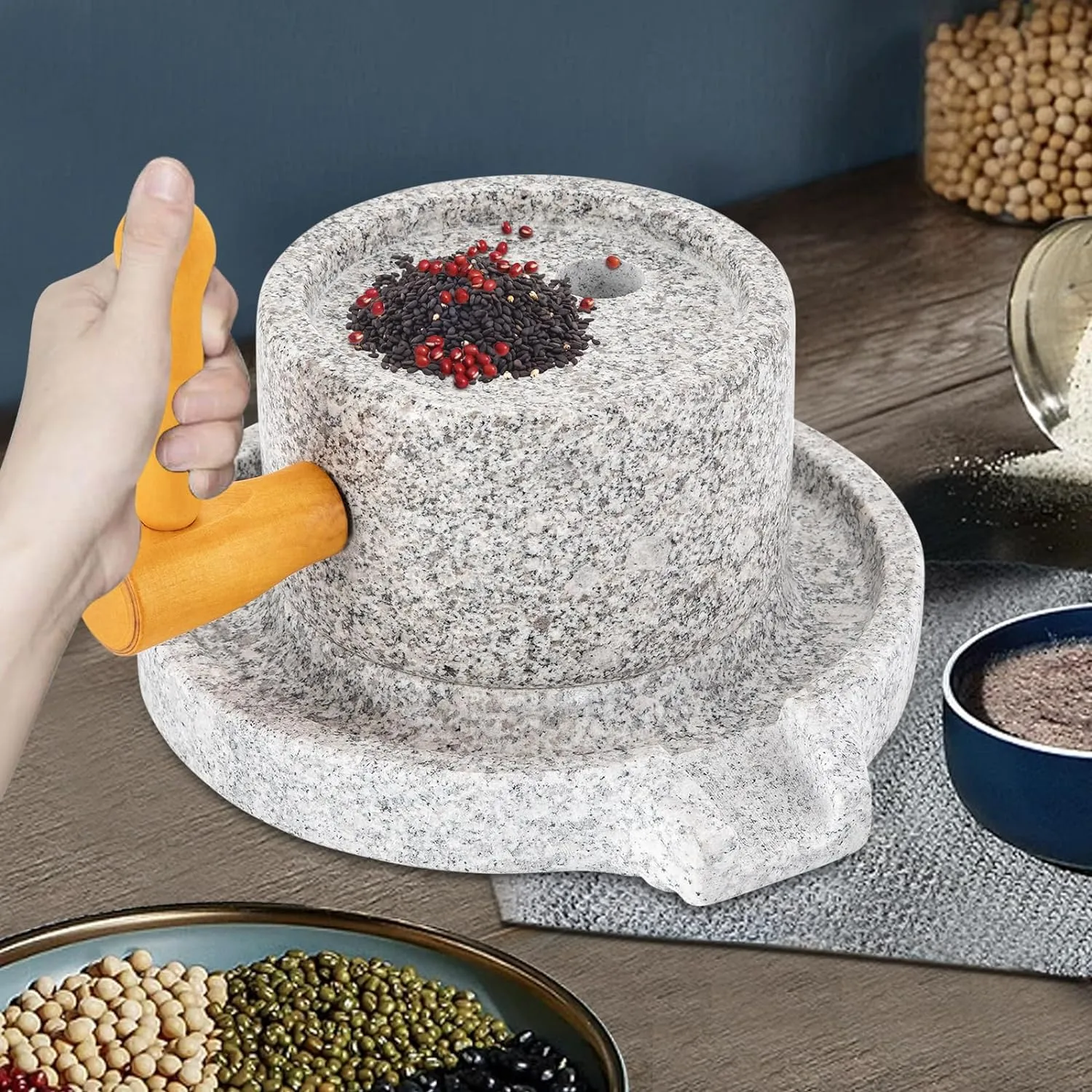 Stone Grain Mill, Natural Granite Handmade Stone Mill Grinding Tool Manual Stone Grinder Paste Mill with Filter Bag, Ancient Grinding Stone Millstone for Grind Dry and Wet Foods (No Stand)
