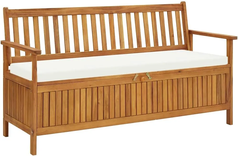 Storage Bench with Cushion 58.2" Solid Acacia Wood Patio Benche