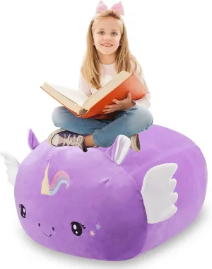 Stuffed Animal Storage Bean Bag Chair Cover for Kids Cute Purple Unicorn Large Beanbag Plush Toy Bedroom Décor Organizer Cover, No Beans