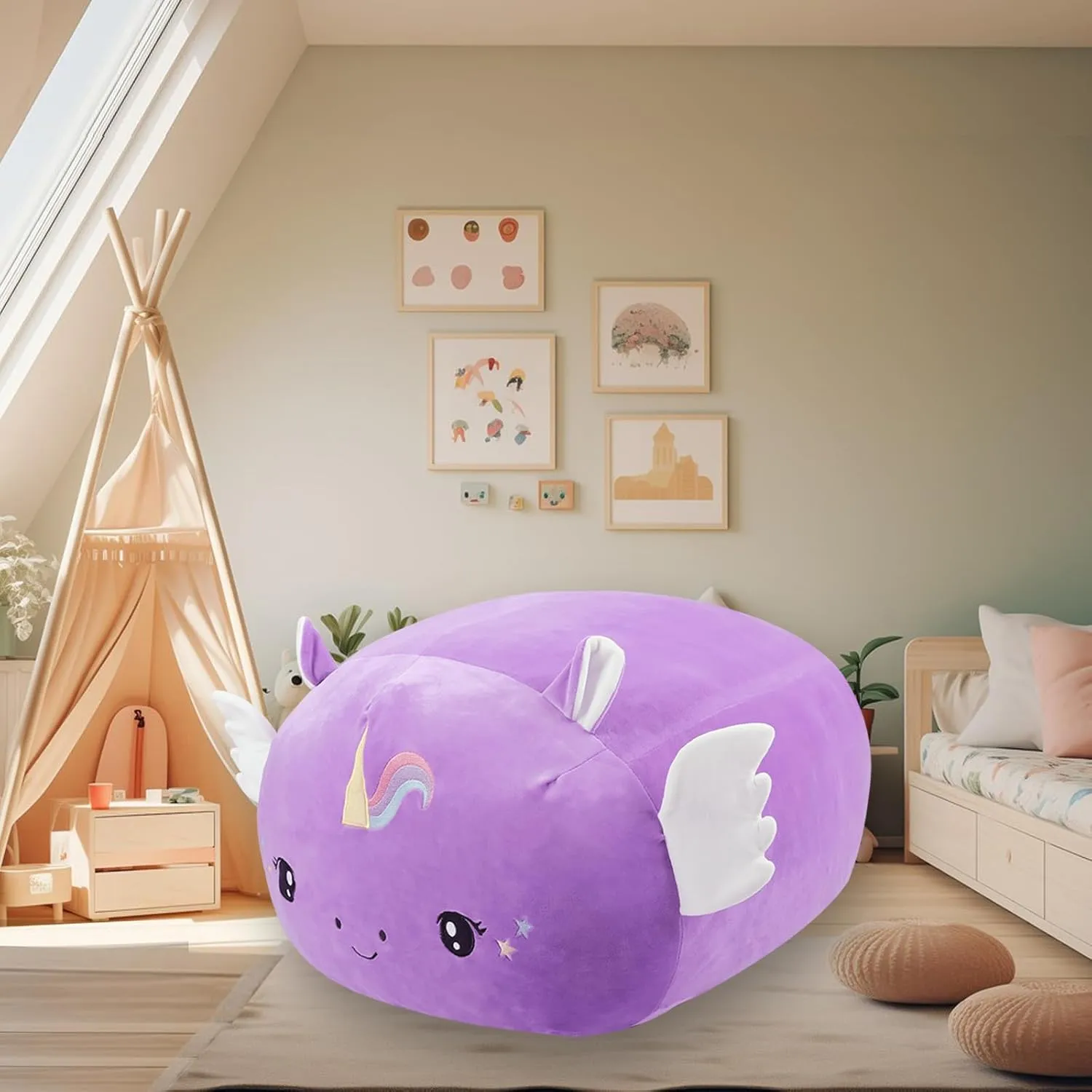 Stuffed Animal Storage Bean Bag Chair Cover for Kids Cute Purple Unicorn Large Beanbag Plush Toy Bedroom Décor Organizer Cover, No Beans