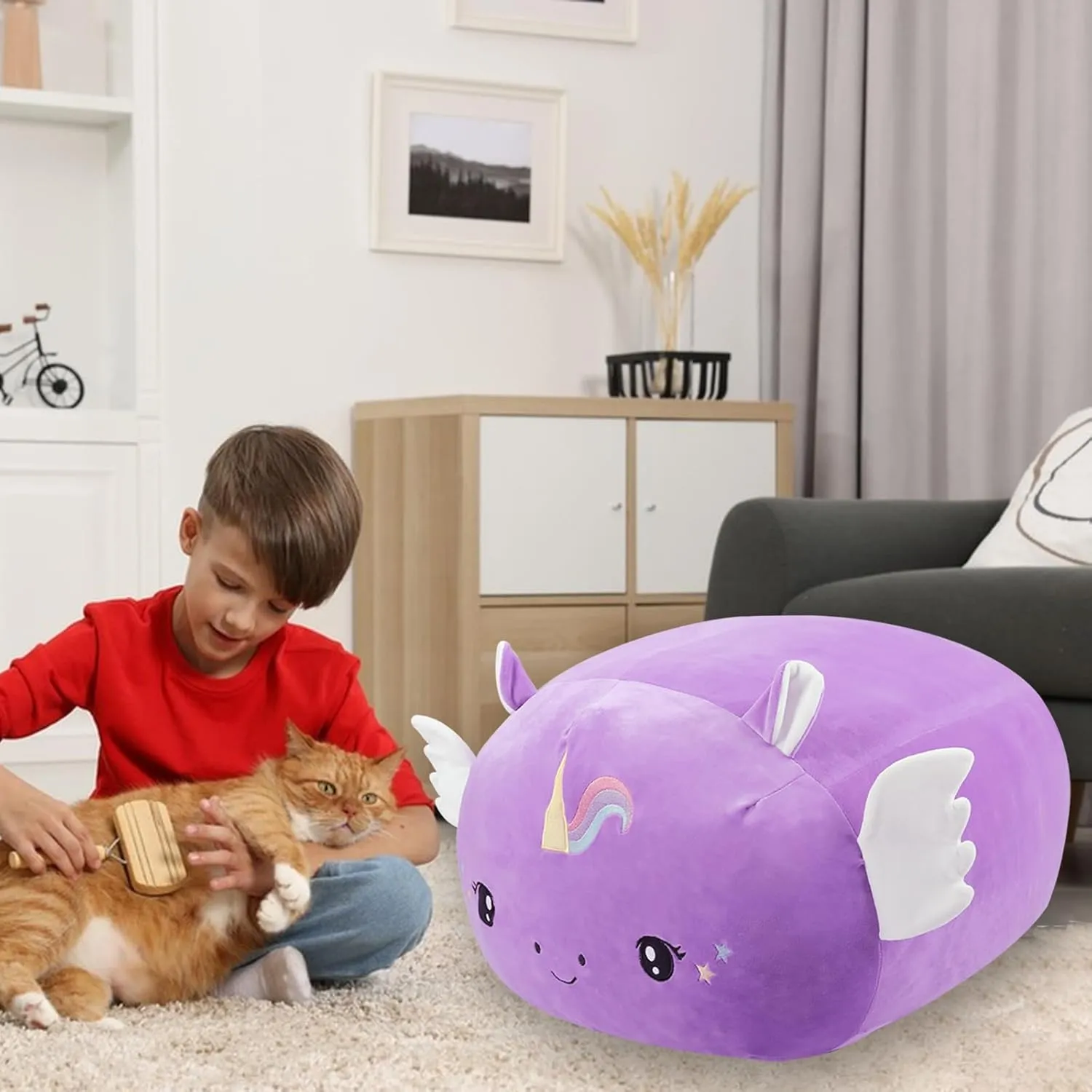 Stuffed Animal Storage Bean Bag Chair Cover for Kids Cute Purple Unicorn Large Beanbag Plush Toy Bedroom Décor Organizer Cover, No Beans