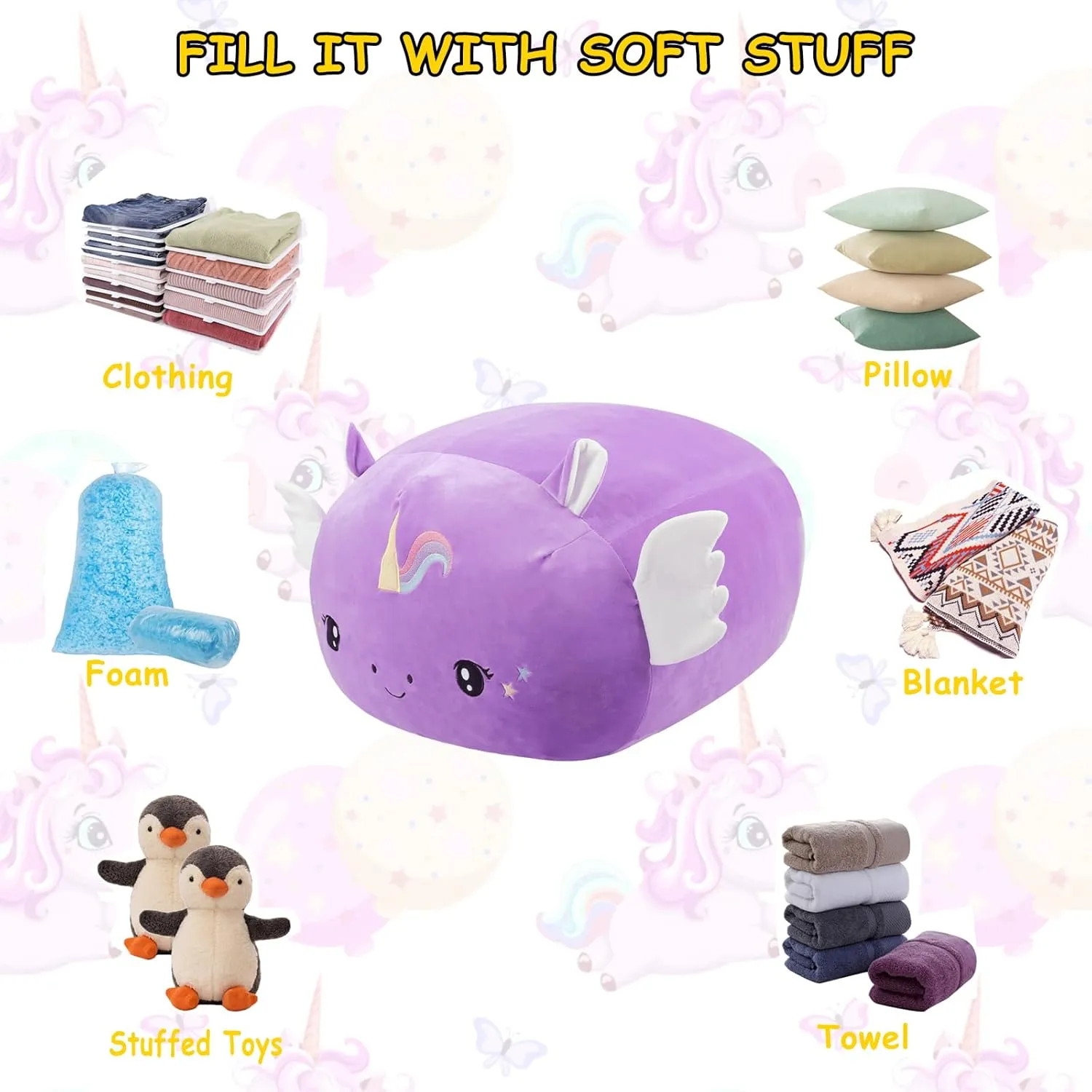 Stuffed Animal Storage Bean Bag Chair Cover for Kids Cute Purple Unicorn Large Beanbag Plush Toy Bedroom Décor Organizer Cover, No Beans