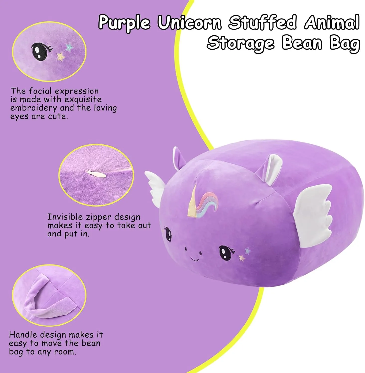 Stuffed Animal Storage Bean Bag Chair Cover for Kids Cute Purple Unicorn Large Beanbag Plush Toy Bedroom Décor Organizer Cover, No Beans