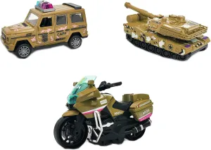 Sumac Camouflage Military Toys Set of 3 Friction Powered Toy Vehicles 4.5x2 inch Battle Tank, Armored Car, Motorbike (Camo)