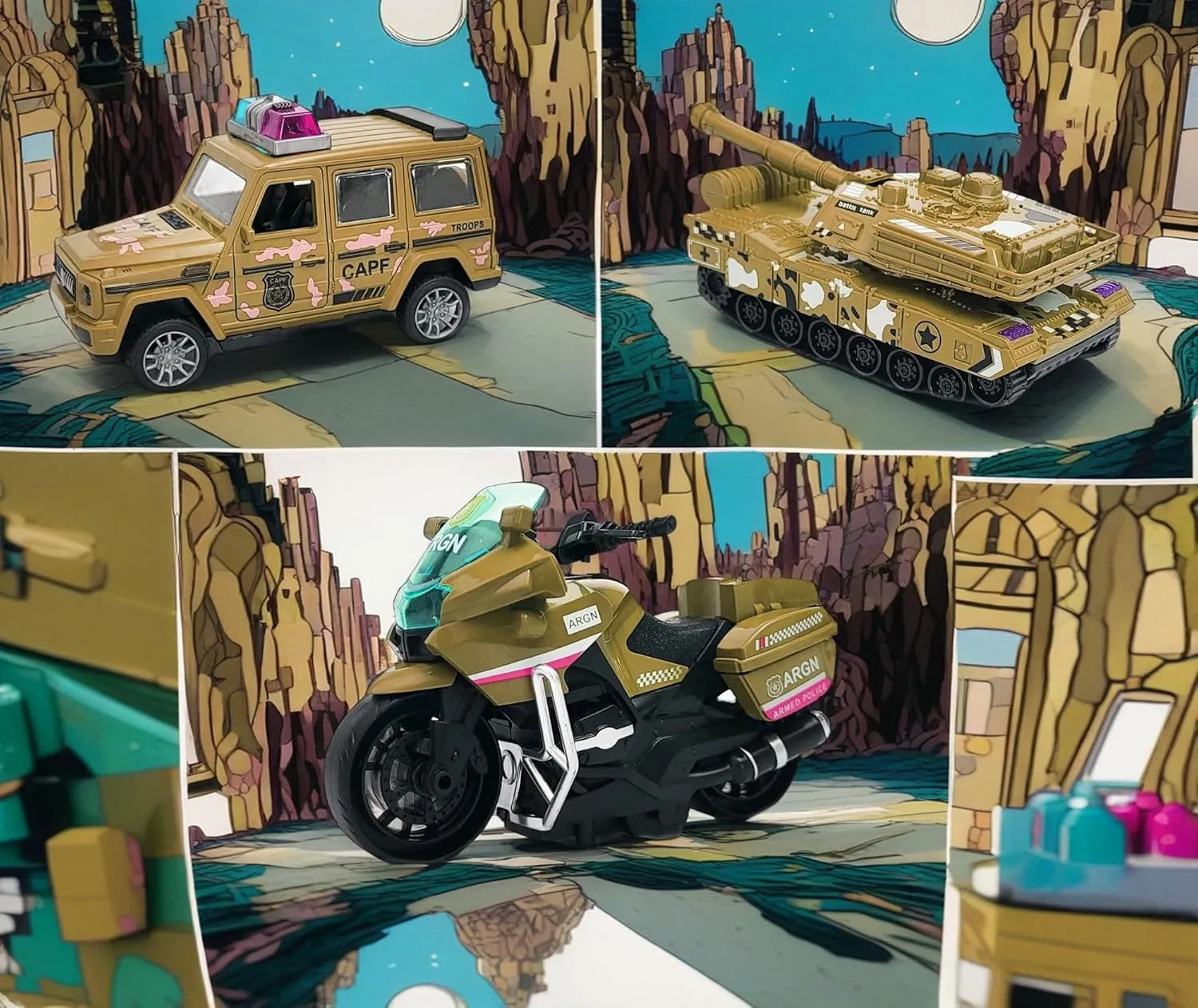 Sumac Camouflage Military Toys Set of 3 Friction Powered Toy Vehicles 4.5x2 inch Battle Tank, Armored Car, Motorbike (Camo)