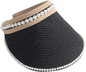 Sun Visor Hats for Women Wide Brim Packable Beach Visors Natural Raffia Pearl Straw Sun Protection Hat Summer Ponytail Hat