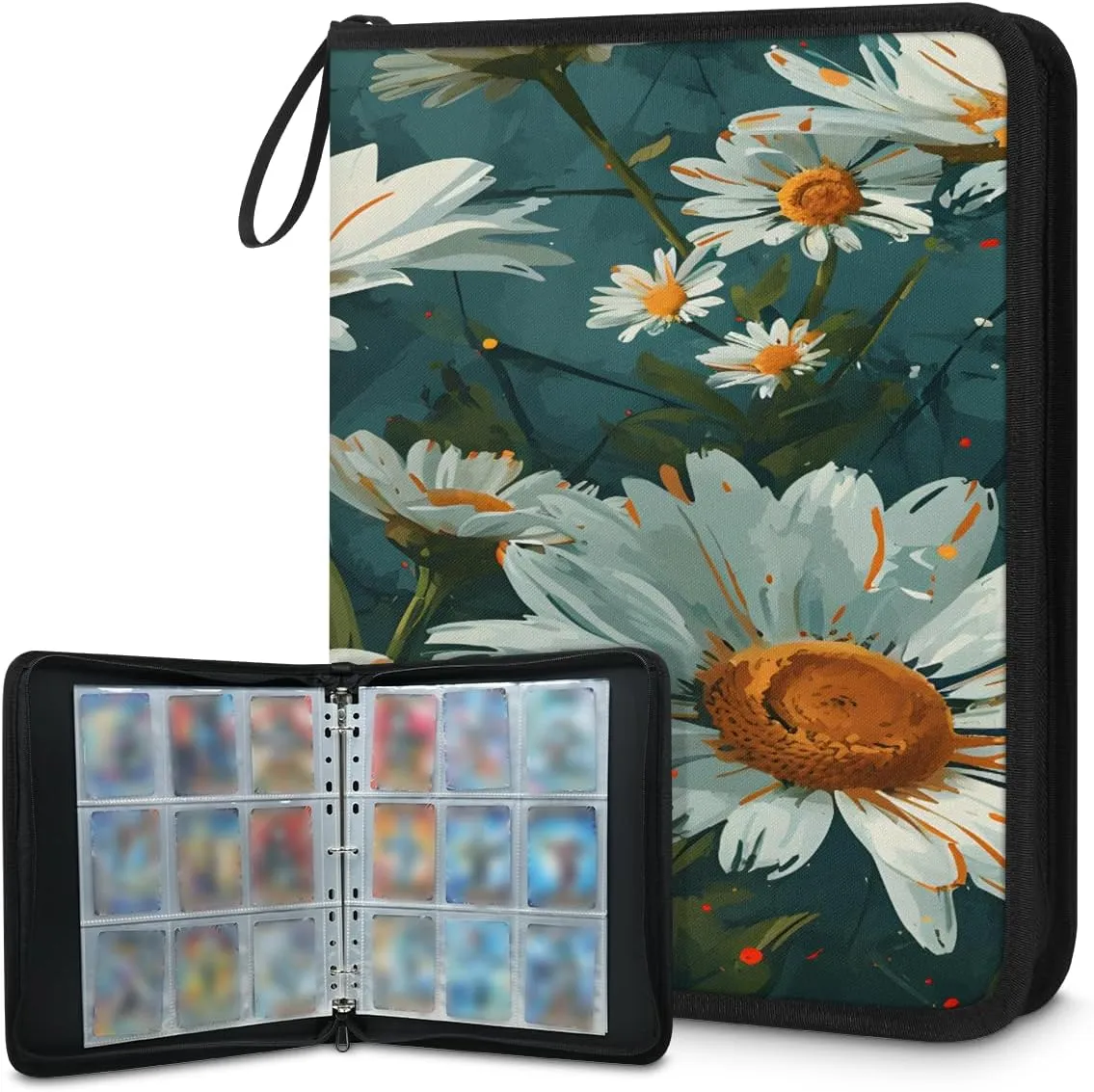 Sunflower Airbrush 3 Ring Trading Zipper Binder Strap, Trading Card Binder 4 Pocket, 400 Pockets Card Holder with 50 Removable Sleeves for Game Cards