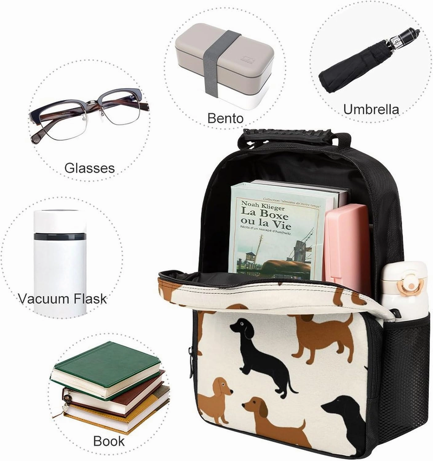 Supdreamc Men Women Polyester Cartoon Dachshund Weiner Dog Pet Dogs Casual Daypack Large Capacity Carry On Bag With Adjustable Shoulder Straps for Camping Work Running
