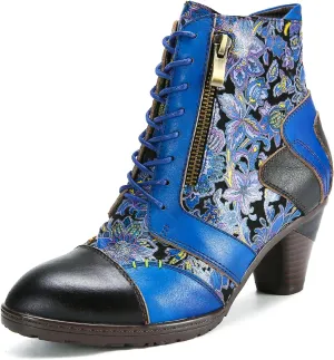 Superladystar's Retro Handmade Leather Ankle Boots, Mid heels, Comfortable, Boots, Colorful Painting, Metallic Style - Fashion