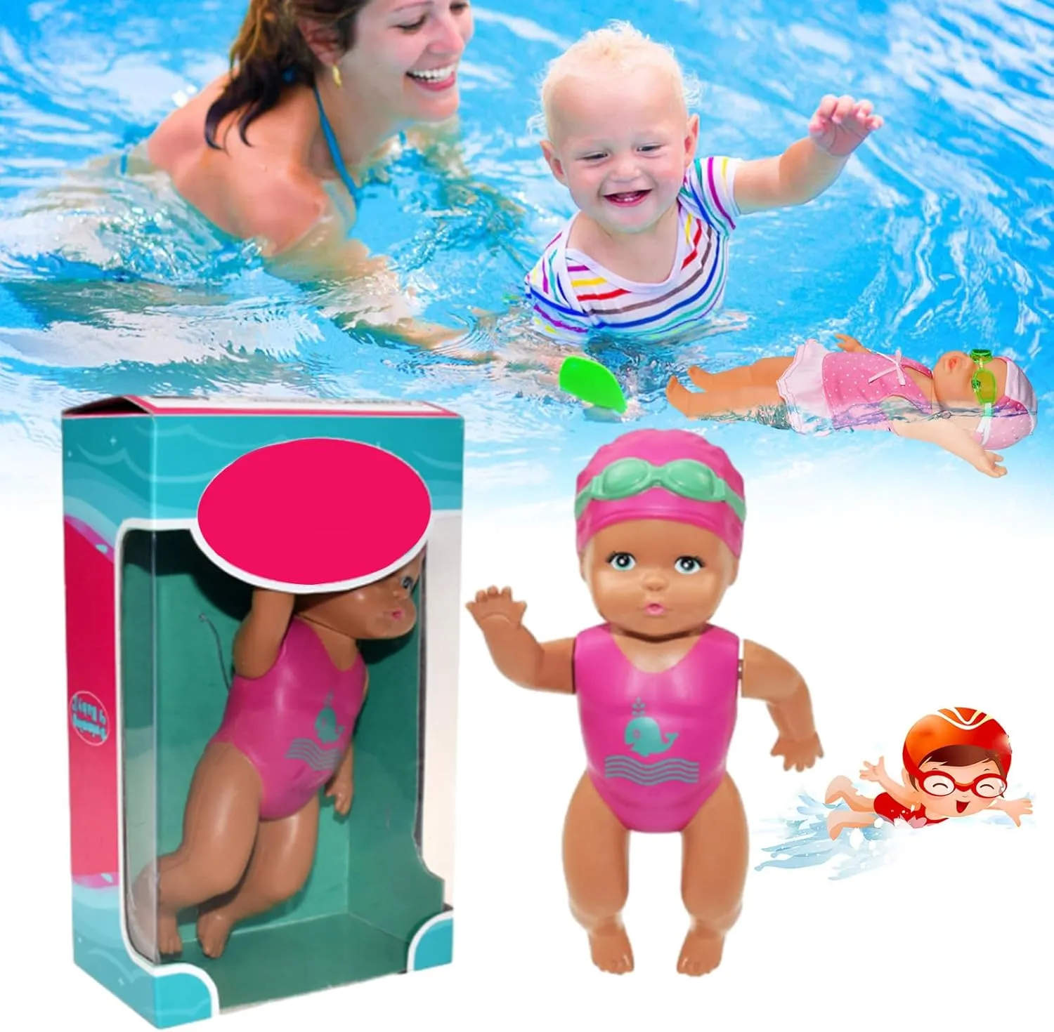 Swimming Doll for Pool, Waterproof Swimming Doll with Flexible Arms and Legs, Waterproof Swimmer Dolls, Sensory Fun and Development, Floating Swim Toy (Style Mini)