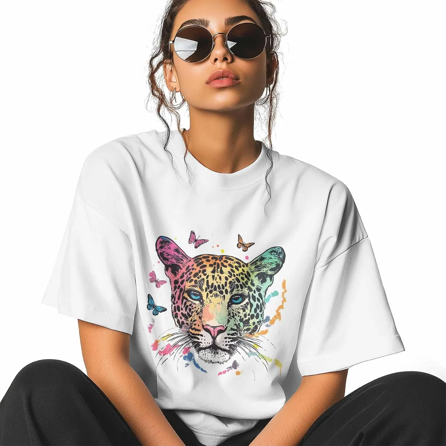 T-Shirts for Women Colorful Leopard Butterflies Women's Tops Crew Neck Short Sleeve Tees