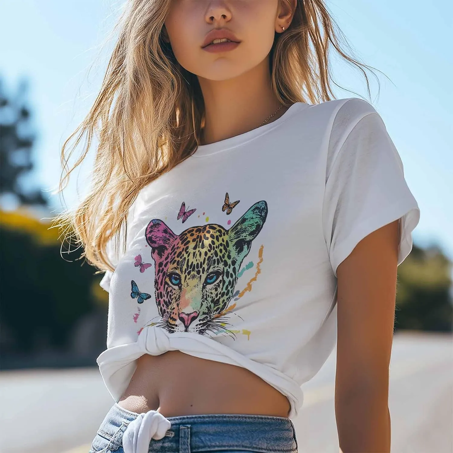 T-Shirts for Women Colorful Leopard Butterflies Women's Tops Crew Neck Short Sleeve Tees
