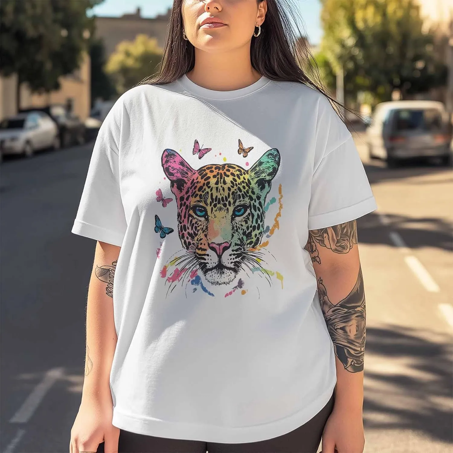 T-Shirts for Women Colorful Leopard Butterflies Women's Tops Crew Neck Short Sleeve Tees