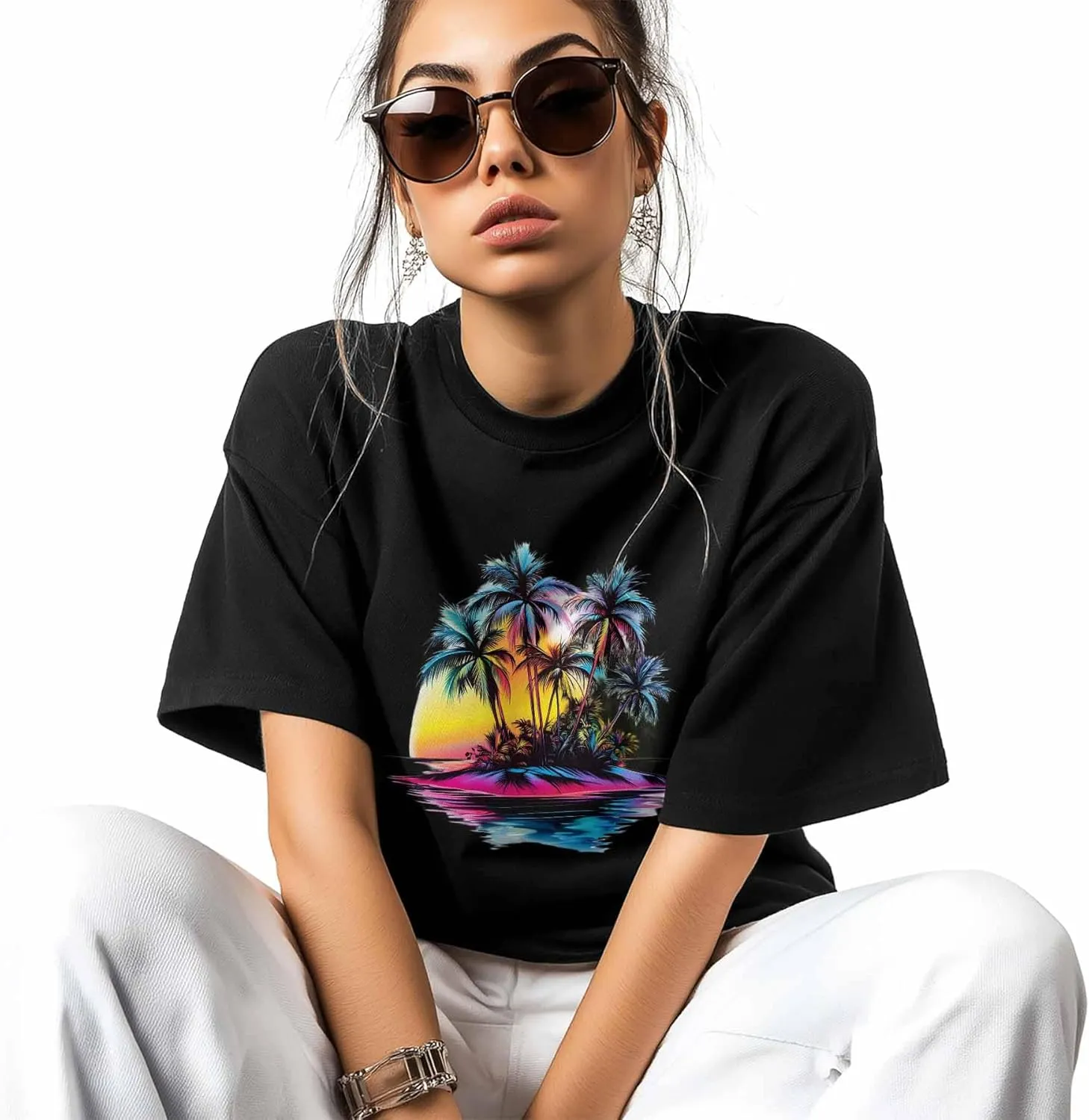 T-Shirts for Women Summer Colorful Palm Trees Women's Tops Crew Neck Short Sleeve Tees