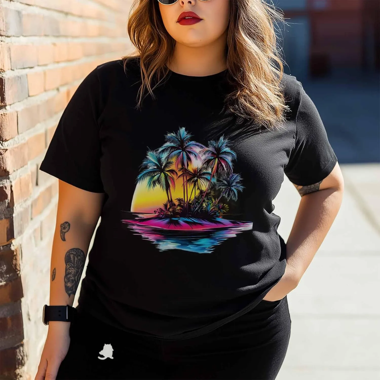 T-Shirts for Women Summer Colorful Palm Trees Women's Tops Crew Neck Short Sleeve Tees