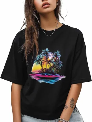 T-Shirts for Women Summer Colorful Palm Trees Women's Tops Crew Neck Short Sleeve Tees
