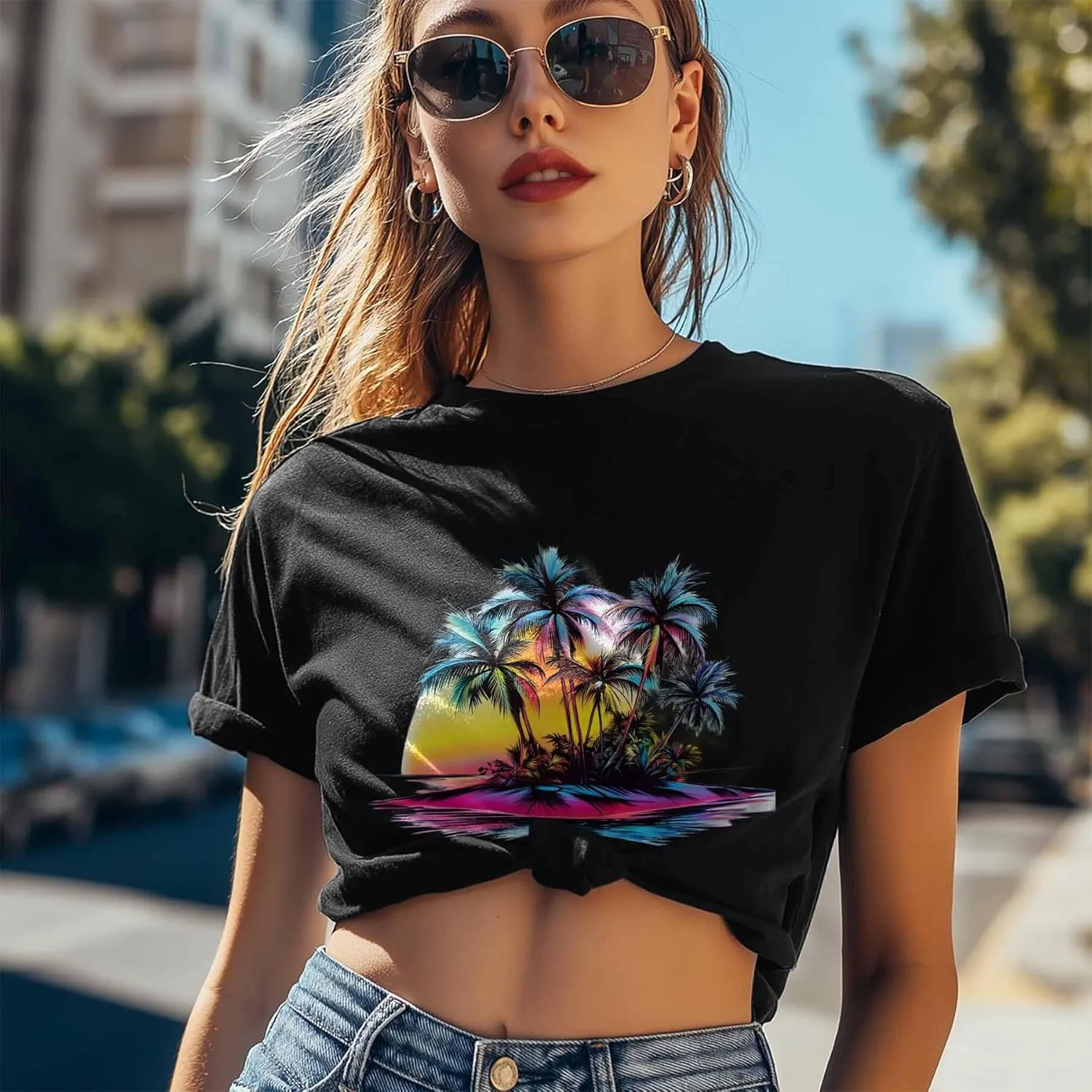 T-Shirts for Women Summer Colorful Palm Trees Women's Tops Crew Neck Short Sleeve Tees