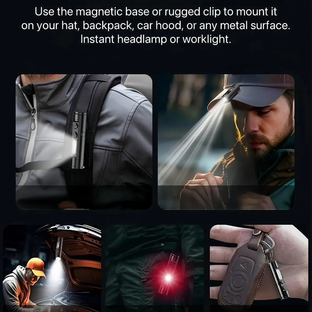 Taclite Flashlight,300mah Battery Taclite Mini the Ultimate Everyday Micro Tool with Hat Clip,3 Brightness Levels,Waterproof Rechargeable LED Magnetic Super Bright Tactical Flashlight(1pc Black)