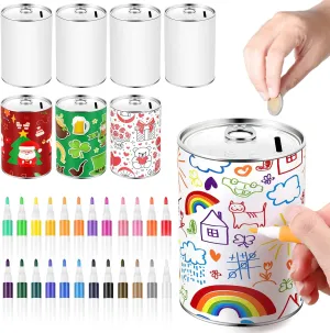 Tandefio 8 Pcs DIY Coin Piggy Bank Metal Money Piggy Bank Saving Box with 24 Acrylic Paint Markers Craft for Creative Gift Boys Girls Birthday Party Supplies