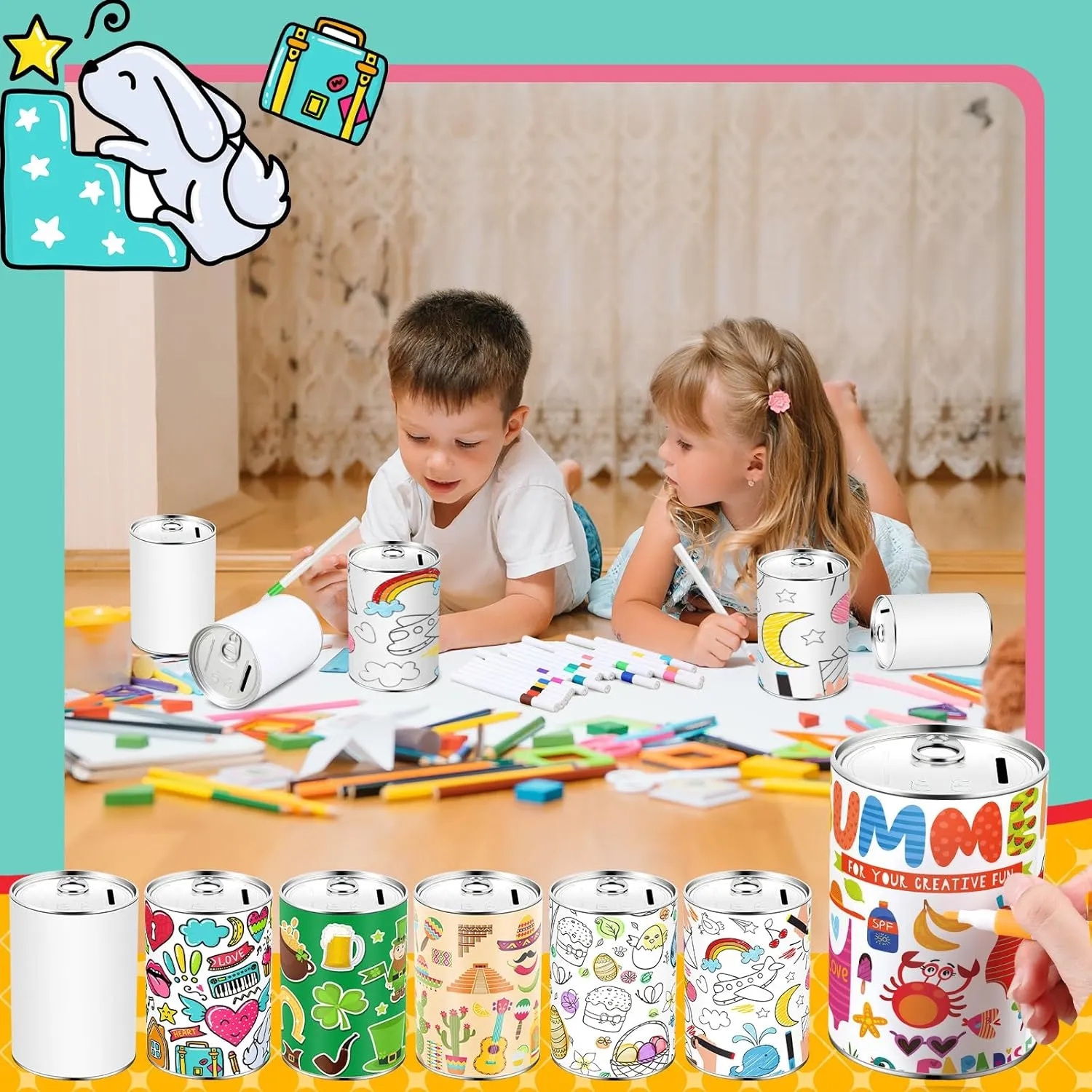 Tandefio 8 Pcs DIY Coin Piggy Bank Metal Money Piggy Bank Saving Box with 24 Acrylic Paint Markers Craft for Creative Gift Boys Girls Birthday Party Supplies