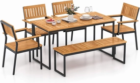 Tangkula 6 Pieces Outdoor Acacia Wood Dining Set, Patio Table and Chairs Set with Bench for 6-7 People, Outdoor Dining Furniture Set with 2" Umbrella Hole for Garden, Backyard and Poolside