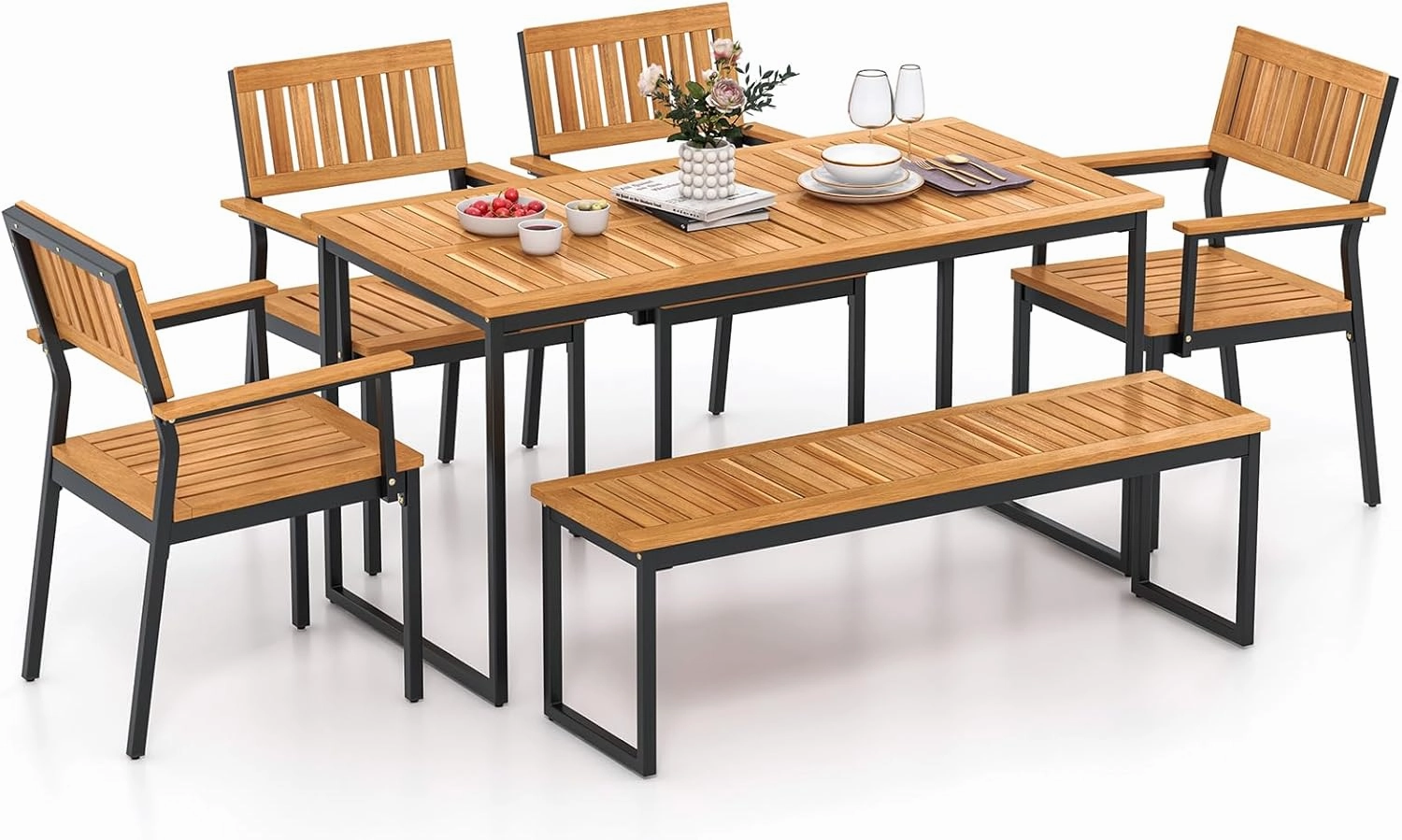 Tangkula 6 Pieces Outdoor Acacia Wood Dining Set, Patio Table and Chairs Set with Bench for 6-7 People, Outdoor Dining Furniture Set with 2" Umbrella Hole for Garden, Backyard and Poolside