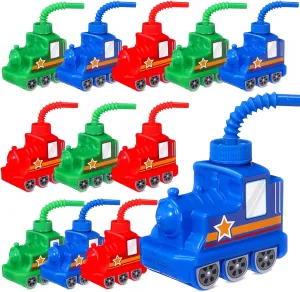 Tanlade 12 Sets 10 oz Plastic Train Shape Cup Traffic Vehicle Party Favor Supplies Train Cups with Straws, Reusable Vehicle Plastic Cups Bulk Birthday Party Favor