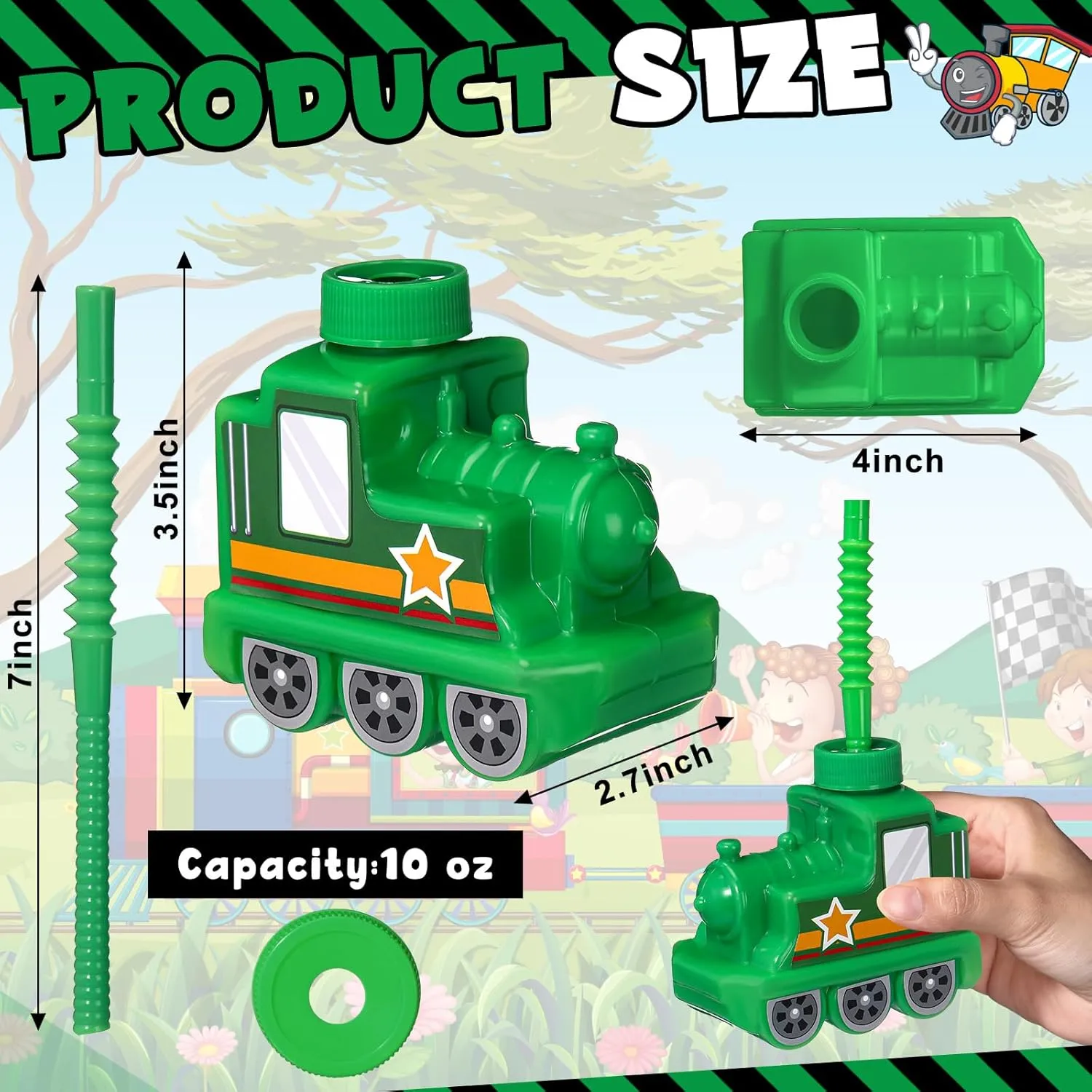 Tanlade 12 Sets 10 oz Plastic Train Shape Cup Traffic Vehicle Party Favor Supplies Train Cups with Straws, Reusable Vehicle Plastic Cups Bulk Birthday Party Favor