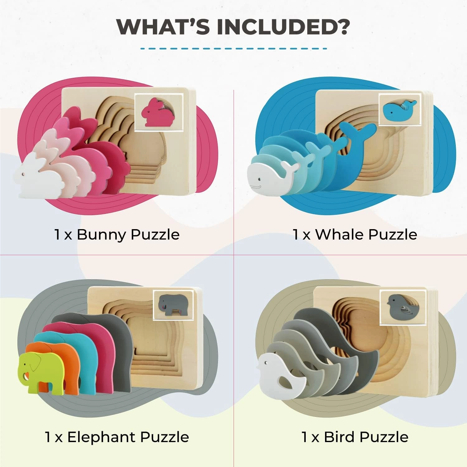 TEKOR Wooden (4) Multi-Layered Puzzles | Unique Cute Wooden Animal Puzzle | Early Educational Toys | Ages 3 and Up | Bright Colors | Teaches Hand Coordination | Safe Paint for Children