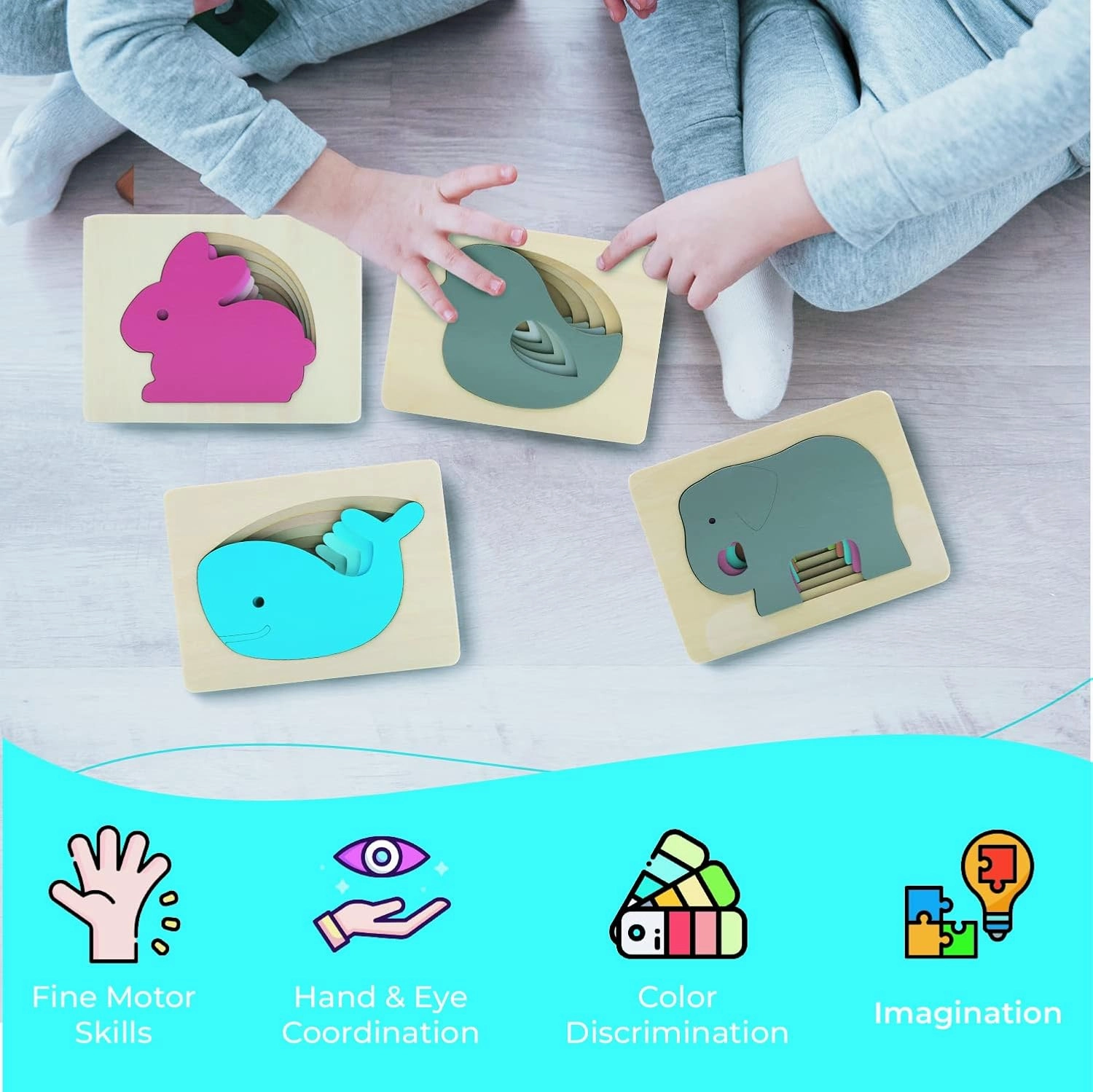 TEKOR Wooden (4) Multi-Layered Puzzles | Unique Cute Wooden Animal Puzzle | Early Educational Toys | Ages 3 and Up | Bright Colors | Teaches Hand Coordination | Safe Paint for Children